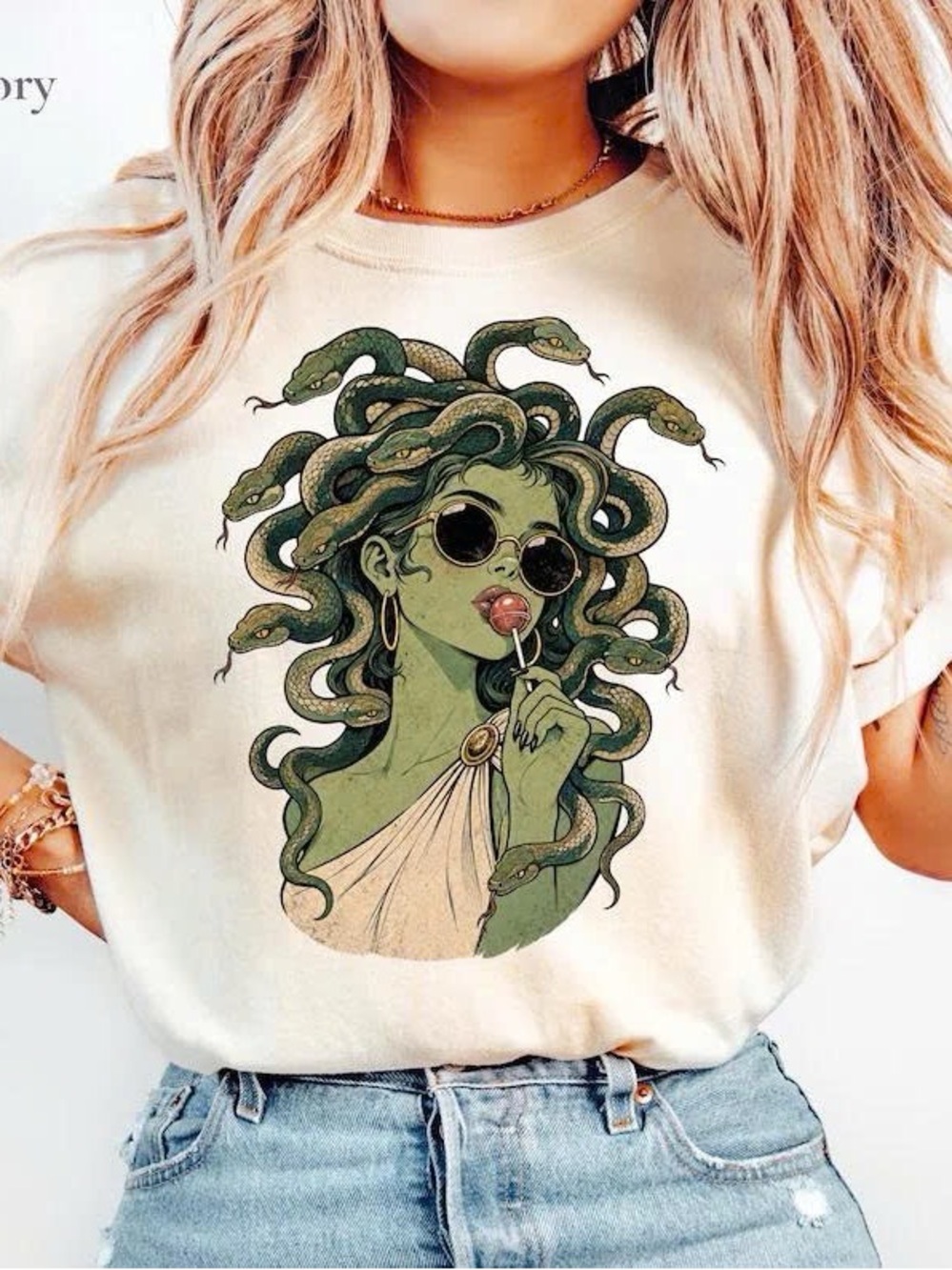 Cream Tee with Green Medusa Snake Graphic